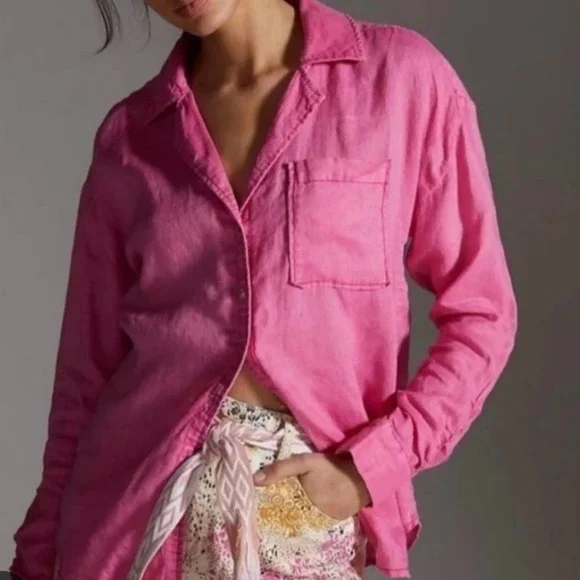 Anthropologie Maeve Linen Ruched Sleeve Button Down Shirt Pink XXS - Picture 2 of 11